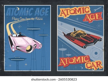 Atomic Age Style Posters, Flying Cars from the Future, Space Age Colors and Shapes, Grunge Texture Frame