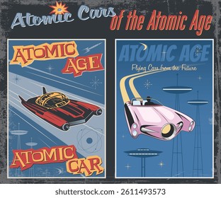Carteles de estilo de Edad atómica, Coches voladores del futuro, Colores y Formas de Edad espacial, Marco de textura Grunge