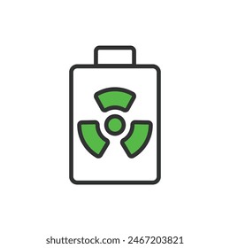 Atomic battery, in line design, green. Atomic, Battery, Nuclear, Energy, Power, Radioactive, Electricity on white background vector. Atomic battery editable stroke icon.