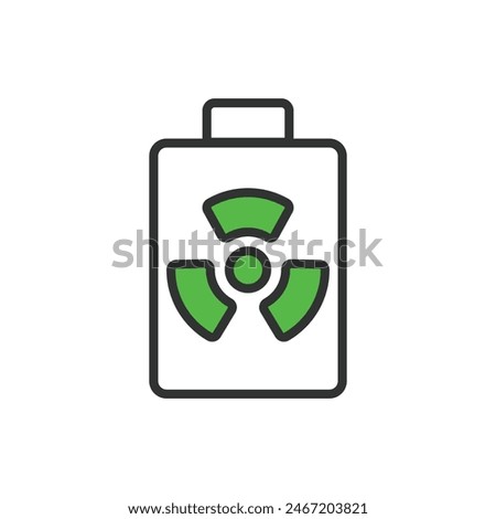 Atomic battery, in line design, green. Atomic, Battery, Nuclear, Energy, Power, Radioactive, Electricity on white background vector. Atomic battery editable stroke icon.