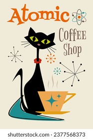 Atomische Schwarze Katze mit Kaffee-Cup in Retro-Stil Küche Wand Art Decke Poster Mitte Jahrhundert Moderner MCM Kaffee Pfefferkuchen Funny Cat Vintage Café Bar signieren altmodische Vektorkaffee Corner Station