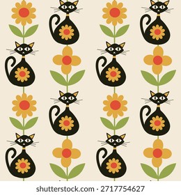 Gatos negros atómicos con el modelo inconsútil retro de las flores amarillas de la mostaza del mod. Para la decoración del hogar, tela, textil y Fondo de pantalla 