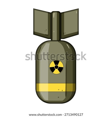 Atomic bomb cartoon featuring a nuclear radiation symbol, representing concepts of war, conflict, energy, danger, destruction, military power, global threat, and weapons of mass destruction
