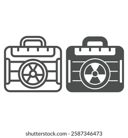 Atomic bomb control briefcase line and solid icon, atomic energy concept. Vector graphics. Radiation seal on portfolio bag sign on white background, outline style icon for mobile or web design