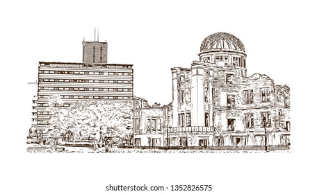 Atomic Bomb Dome, War memorial in Hiroshima, Japan. The Hiroshima Peace Memorial, originally the Hiroshima Prefectural Industrial Promotion Hall. Hand drawn sketch illustration in vector.