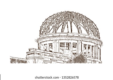 Atomic Bomb Dome, War memorial in Hiroshima, Japan. The Hiroshima Peace Memorial, originally the Hiroshima Prefectural Industrial Promotion Hall. Hand drawn sketch illustration in vector.