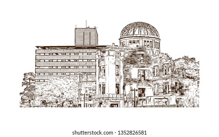 Atomic Bomb Dome, War memorial in Hiroshima, Japan. The Hiroshima Peace Memorial, originally the Hiroshima Prefectural Industrial Promotion Hall. Hand drawn sketch illustration in vector.