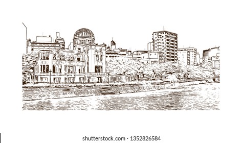Atomic Bomb Dome, War memorial in Hiroshima, Japan. The Hiroshima Peace Memorial, originally the Hiroshima Prefectural Industrial Promotion Hall. Hand drawn sketch illustration in vector.