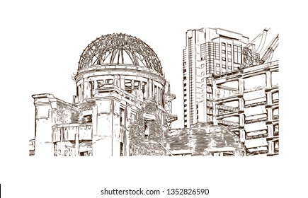 Atomic Bomb Dome, War memorial in Hiroshima, Japan. The Hiroshima Peace Memorial, originally the Hiroshima Prefectural Industrial Promotion Hall. Hand drawn sketch illustration in vector.