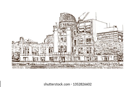 Atomic Bomb Dome, War memorial in Hiroshima, Japan. The Hiroshima Peace Memorial, originally the Hiroshima Prefectural Industrial Promotion Hall. Hand drawn sketch illustration in vector.