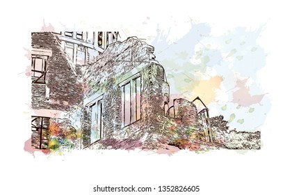 Atomic Bomb Dome, War memorial in Hiroshima, Japan. The Hiroshima Peace Memorial, originally the Hiroshima Prefectural Industrial Promotion Hall. Watercolor splash with Hand drawn sketch in vector.