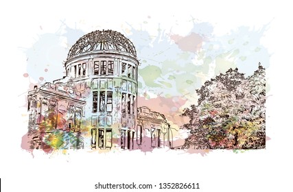 Atomic Bomb Dome, War memorial in Hiroshima, Japan. The Hiroshima Peace Memorial, originally the Hiroshima Prefectural Industrial Promotion Hall. Watercolor splash with Hand drawn sketch in vector.