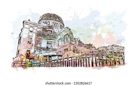 Atomic Bomb Dome, War memorial in Hiroshima, Japan. The Hiroshima Peace Memorial, originally the Hiroshima Prefectural Industrial Promotion Hall. Watercolor splash with Hand drawn sketch in vector.