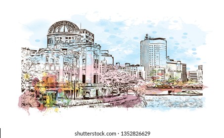 Atomic Bomb Dome, War memorial in Hiroshima, Japan. The Hiroshima Peace Memorial, originally the Hiroshima Prefectural Industrial Promotion Hall. Watercolor splash with Hand drawn sketch in vector.