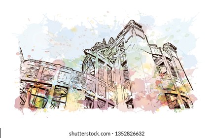Atomic Bomb Dome, War memorial in Hiroshima, Japan. The Hiroshima Peace Memorial, originally the Hiroshima Prefectural Industrial Promotion Hall. Watercolor splash with Hand drawn sketch in vector.