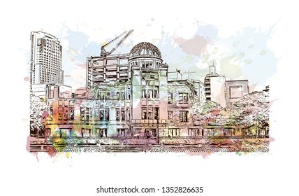 Atomic Bomb Dome, War memorial in Hiroshima, Japan. The Hiroshima Peace Memorial, originally the Hiroshima Prefectural Industrial Promotion Hall. Watercolor splash with Hand drawn sketch in vector.