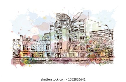 Atomic Bomb Dome, War memorial in Hiroshima, Japan. The Hiroshima Peace Memorial, originally the Hiroshima Prefectural Industrial Promotion Hall. Watercolor splash with Hand drawn sketch in vector.