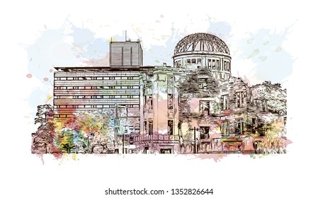 Atomic Bomb Dome, War memorial in Hiroshima, Japan. The Hiroshima Peace Memorial, originally the Hiroshima Prefectural Industrial Promotion Hall. Watercolor splash with Hand drawn sketch in vector.