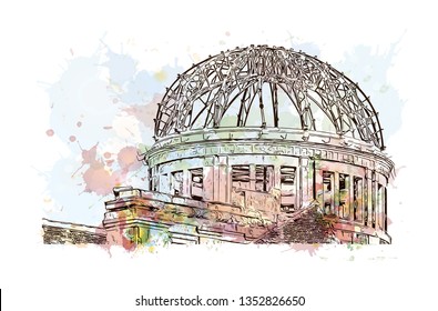 Atomic Bomb Dome, War memorial in Hiroshima, Japan. The Hiroshima Peace Memorial, originally the Hiroshima Prefectural Industrial Promotion Hall. Watercolor splash with Hand drawn sketch in vector.