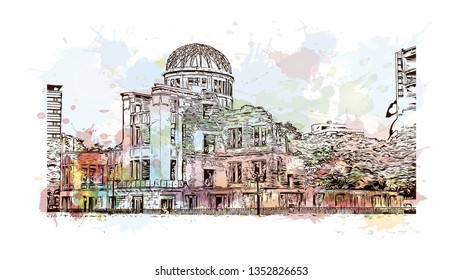 Atomic Bomb Dome, War memorial in Hiroshima, Japan. The Hiroshima Peace Memorial, originally the Hiroshima Prefectural Industrial Promotion Hall. Watercolor splash with Hand drawn sketch in vector.