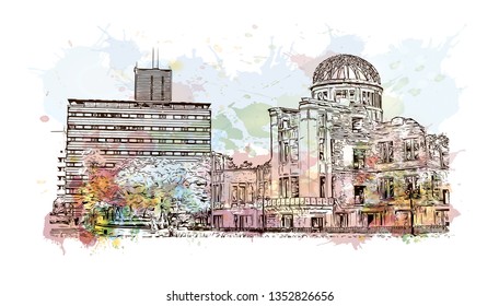Atomic Bomb Dome, War memorial in Hiroshima, Japan. The Hiroshima Peace Memorial, originally the Hiroshima Prefectural Industrial Promotion Hall. Watercolor splash with Hand drawn sketch in vector.