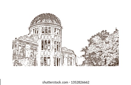 Atomic Bomb Dome, War memorial in Hiroshima, Japan. The Hiroshima Peace Memorial, originally the Hiroshima Prefectural Industrial Promotion Hall. Hand drawn sketch illustration in vector.