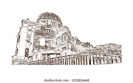 Atomic Bomb Dome, War memorial in Hiroshima, Japan. The Hiroshima Peace Memorial, originally the Hiroshima Prefectural Industrial Promotion Hall. Hand drawn sketch illustration in vector.