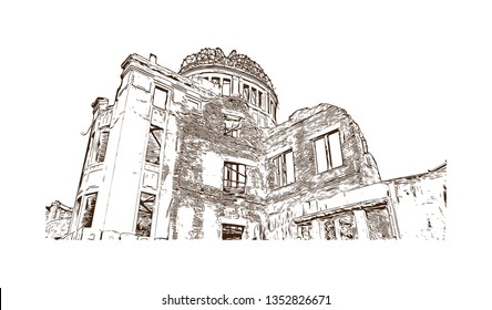 Atomic Bomb Dome, War memorial in Hiroshima, Japan. The Hiroshima Peace Memorial, originally the Hiroshima Prefectural Industrial Promotion Hall. Hand drawn sketch illustration in vector.