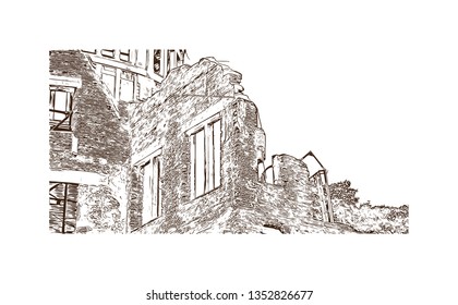Atomic Bomb Dome, War memorial in Hiroshima, Japan. The Hiroshima Peace Memorial, originally the Hiroshima Prefectural Industrial Promotion Hall. Hand drawn sketch illustration in vector.