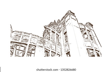 Atomic Bomb Dome, War memorial in Hiroshima, Japan. The Hiroshima Peace Memorial, originally the Hiroshima Prefectural Industrial Promotion Hall. Hand drawn sketch illustration in vector.