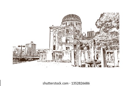 Atomic Bomb Dome, War memorial in Hiroshima, Japan. The Hiroshima Peace Memorial, originally the Hiroshima Prefectural Industrial Promotion Hall. Hand drawn sketch illustration in vector.