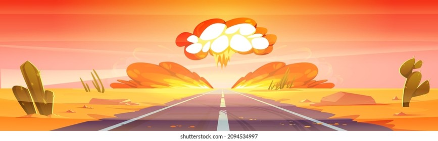 Atomic bomb explosion in desert. Concept of atom war, nuke blast. Vector cartoon illustration of sand desert landscape with road, cactuses and mushroom cloud of nuclear explode with fire and smoke