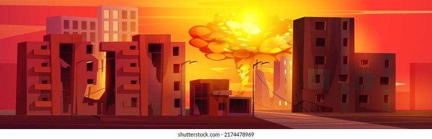 Atomic bomb explosion in destroyed city with broken buildings. Vector cartoon illustration of atom war with demolished houses and mushroom cloud of nuclear blast with fire and smoke