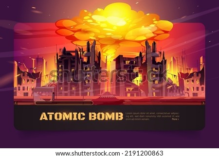 Atomic bomb explosion in destroyed city with broken buildings. Vector cartoon illustration of atom war with demolished houses and mushroom cloud of nuclear blast with fire and smoke