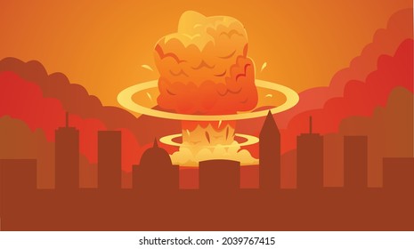 Atomic bomb explosion, Nuclear explosion bright orange fiery mushroom cloud cap in city cartoon poster abstract vector illustration.
