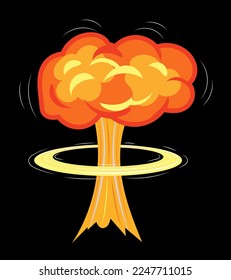 Atomic bomb explosion with ring of fire and powerful energy release trail. Vector illustration in comic cartoon design