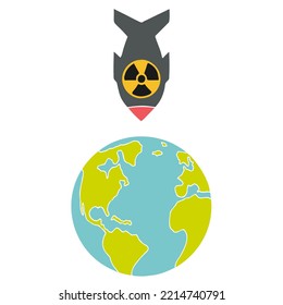 Eine Atombombe fällt auf den Planeten Erde. Bedrohung durch einen Atomkrieg. Erpressung mit Atomwaffen. Handgezeichnet. Freehand Zeichnung. Doodle. Skizze. Umriss.