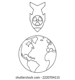An atomic bomb falls on planet Earth. Threat of nuclear war. Blackmail with nuclear weapons. Hand Drawn. Freehand drawing. Doodle. Sketch. Outline. Coloring page.	