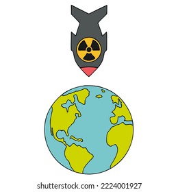An atomic bomb falls on planet Earth. Threat of nuclear war. Blackmail with nuclear weapons. Hand Drawn. Freehand drawing. Doodle. Sketch. Outline.	