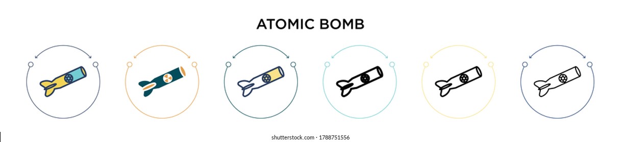 Atomic bomb icon in filled, thin line, outline and stroke style. Vector illustration of two colored and black atomic bomb vector icons designs can be used for mobile, ui, web