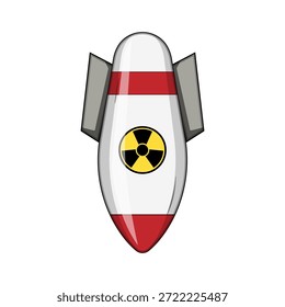 Atomic bomb illustration, featuring a distinctive red stripe, fins, and a prominent nuclear radiation symbol, representing concepts of danger, threat, conflict, and global security