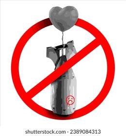 Atombombenrakete mit Herzballon auf Stoppsymbol, für Frieden ohne Krieg mit Massenvernichtungswaffen.
Kriegsfeind