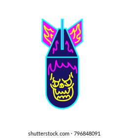 Atomic bomb with skull image in bright neon color illustration