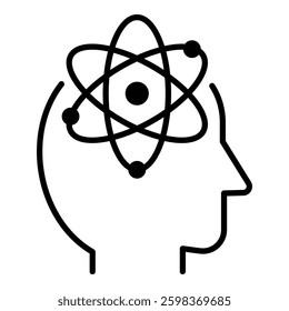 Atomic Brain black line icon designed with editable stroke, featuring a human head and atom symbol as brain