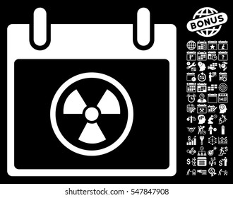 Atomic Calendar Day icon with bonus calendar and time management design elements. Vector illustration style is flat iconic symbols, white, black background.
