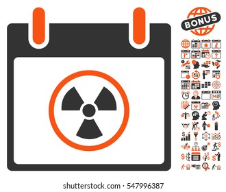 Atomic Calendar Day icon with bonus calendar and time management pictures. Vector illustration style is flat iconic symbols, orange and gray, white background.