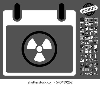 Atomic Calendar Day icon with bonus calendar and time management pictograms. Vector illustration style is flat iconic symbols, black and white, gray background.