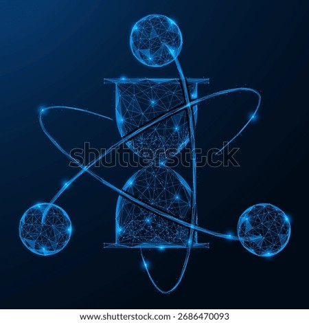 Atomic clocks. An hourglass around which three spheres rotate, connected by orbital lines, like an atom. The concept of intersection of concepts of time, science and energy.