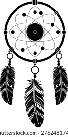 Atomic dreamcatcher with feathers silhouette, science and spiritual symbol fusion, boho tribal dream catcher vector illustration isolated