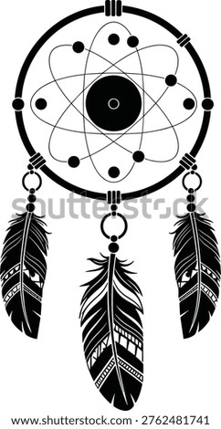 Atomic dreamcatcher with feathers silhouette, science and spiritual symbol fusion, boho tribal dream catcher vector illustration isolated